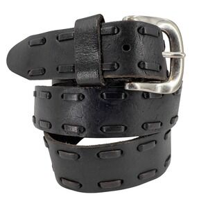Vintage Y2K Mens Black Leather Laced Belt Solid Brass Buckle Indie Boho Sz 34
